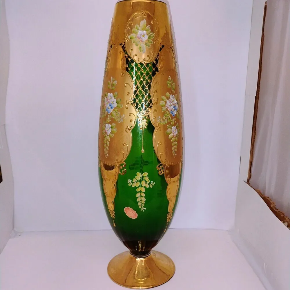18” Handmade Italian Decorative Vase – Green & Gold Bohemian Glass-hand painted